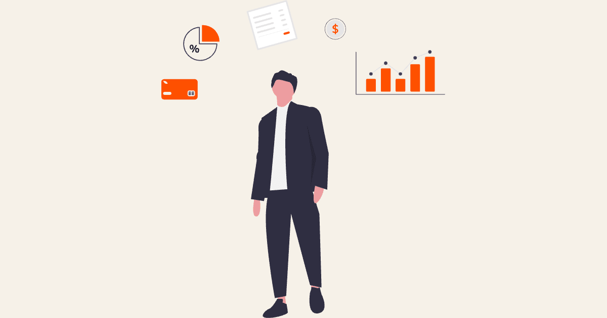 Illustration: Eine Person vor Finanz-Symbolen wie Diagramm, Rechnung und Prozent-Kreis, Symbolbild für den BVAEB-Kostenzuschuss zur Psychotherapie und die Rückerstattung pro Sitzung