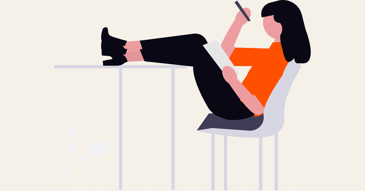 Illustration: Eine studierende Person sitzt entspannt mit Notizblock und Stift am Schreibtisch, Symbolbild für leistbare psychische Unterstützung im Studium