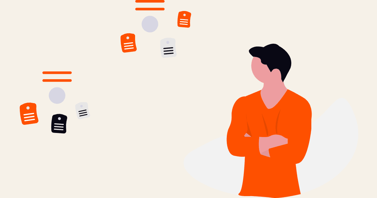 Illustration: Eine Person mit verschränkten Armen wägt zwei Gruppen von Notizen und Optionen ab, Symbolbild für die Wahl zwischen den vier Psychotherapie-Richtungen in Österreich